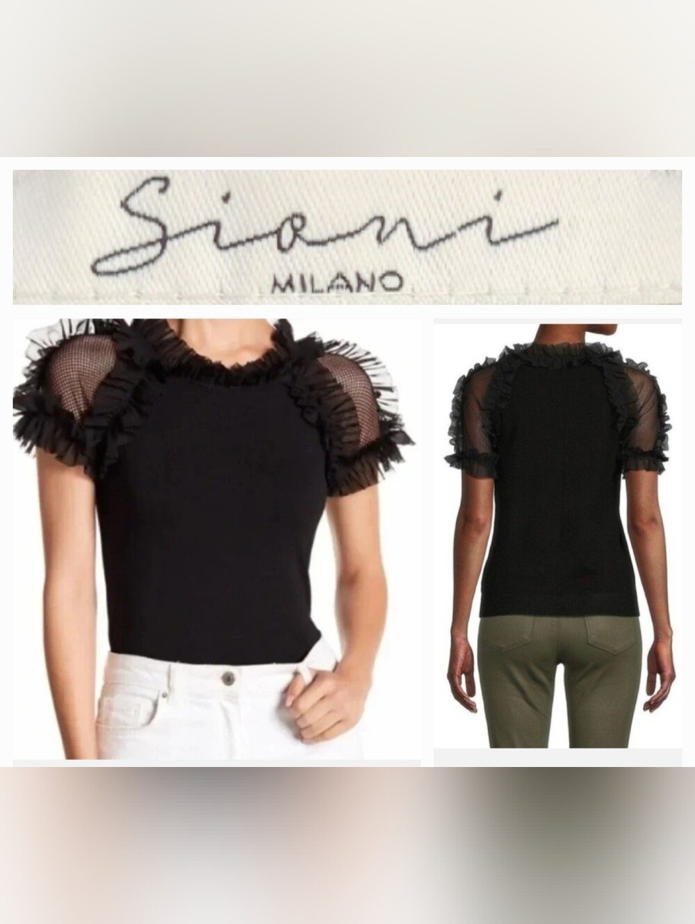 SIONI MILANO Mesh & Ruffle Short Sleeve Blouse Classic Black Sz S